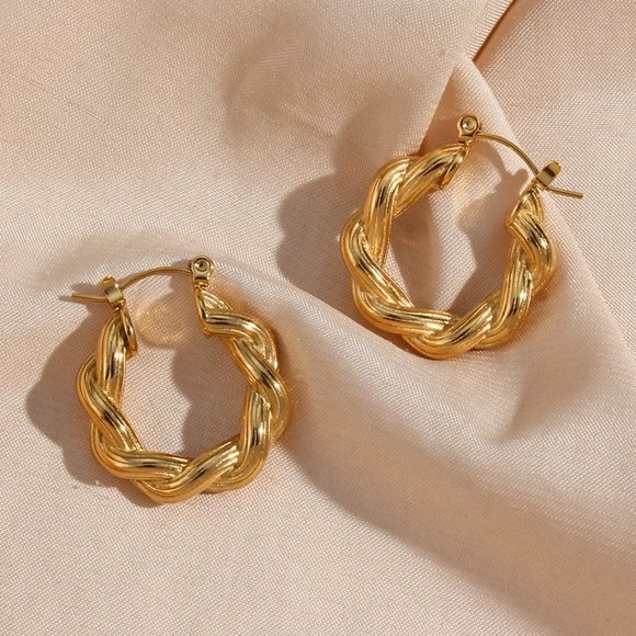 Boutique Jewelry - Chunky Twisted Striped Texture Hoop Earrings 18K Gold Plating Stainless Steel